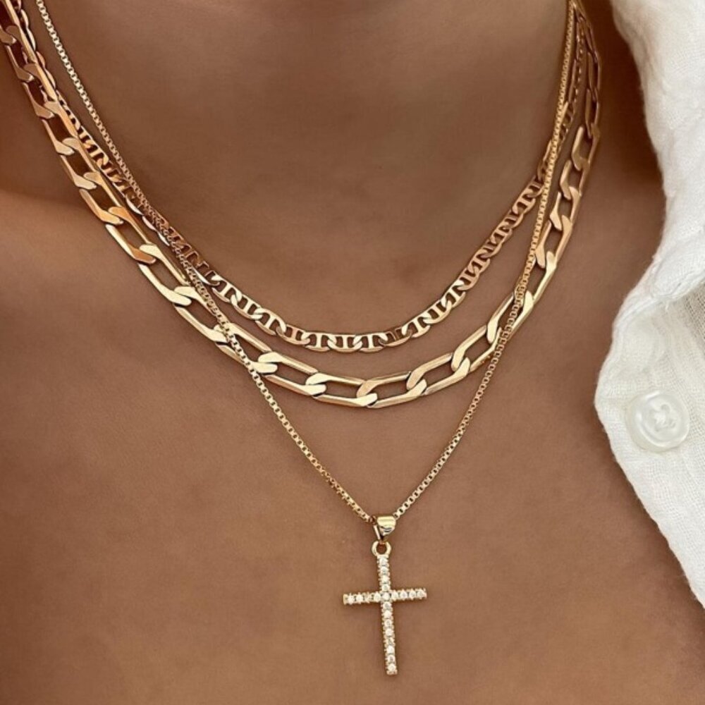 Layered Cross Pendant Necklace Set – 3 Chains Statement Style